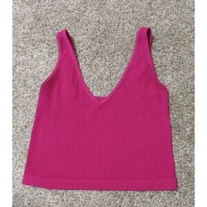 Free People Intimately Tank Top M Hot Pink Rib Stretch Seamless V Neck Crop